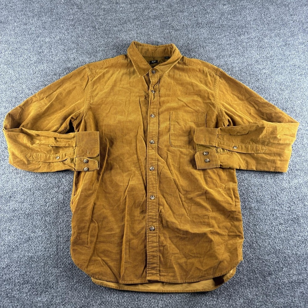 Uniqlo Shirt Mens M Brown Solid Corduroy Long Sleeve Button Up Pocket Fall